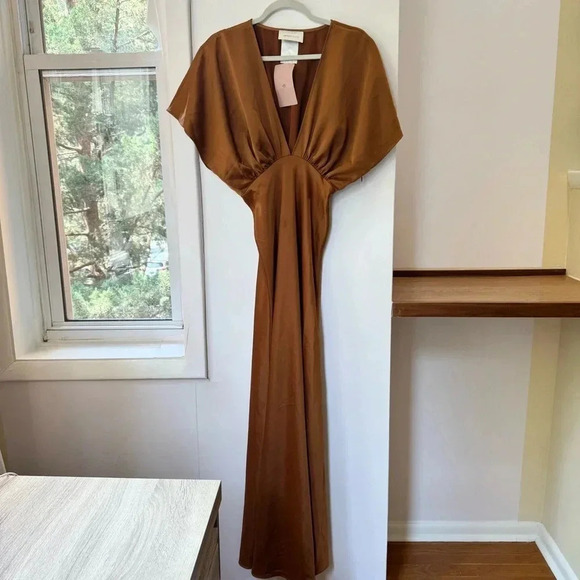 NWT Anthropologie BHLDN Amelia Deep V Satin Gown Maxi Dress Long in Rust Brown 4 - Picture 6 of 16